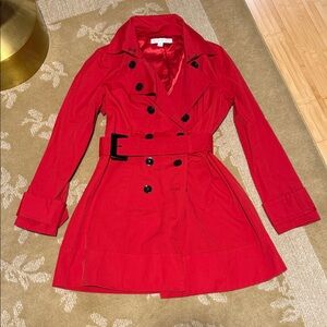 New York & Company Vibrant Red Double-Breasted Trench Coat